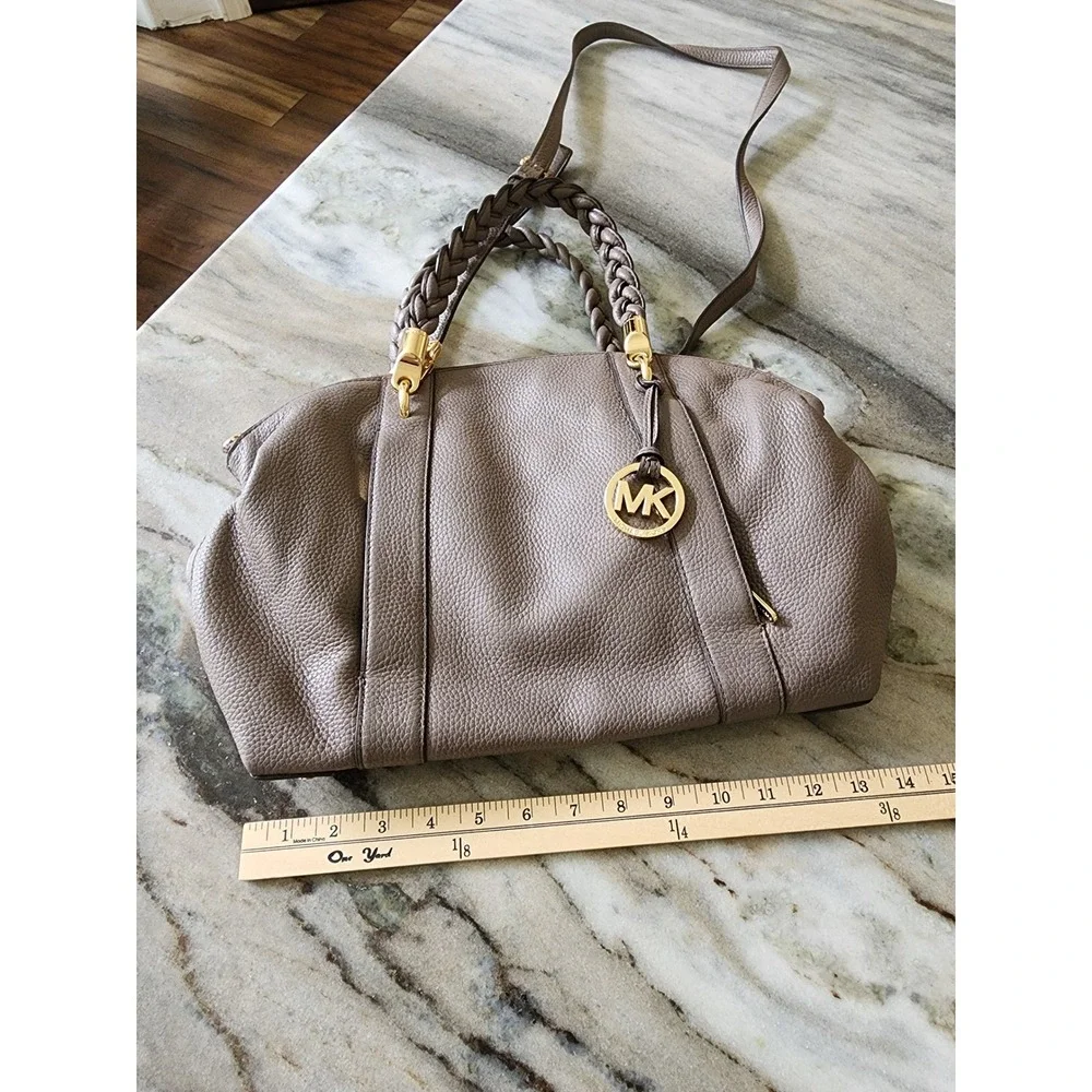 Michael Kors Naomi Taupe Pebbled Leather Braided Handle Satchel Crossbody Bag MK